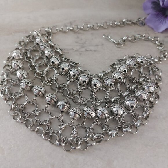 Mialisia Cleopatra Statement Necklace Silver Bib Chainmail Boho Chic EUC - Picture 6 of 10